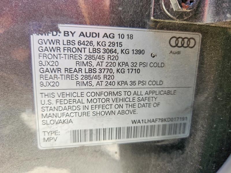 62901746 :رقم المزاد ، WA1LHAF79KD017191 vin ، 2019 Audi Q7 مزاد بيع