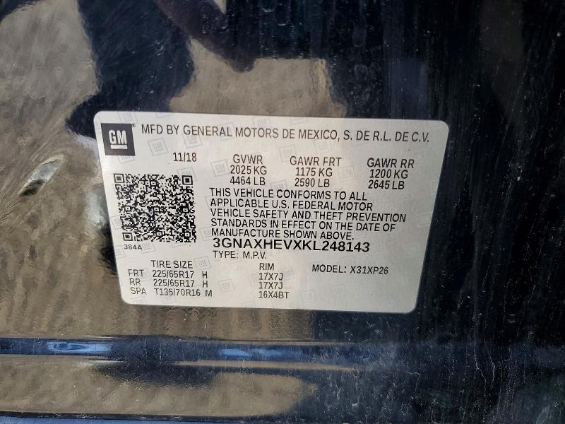 2019 Chevrolet Equinox მანქანა იყიდება აუქციონზე, vin: 3GNAXHEVXKL248143, აუქციონის ნომერი: 61046556