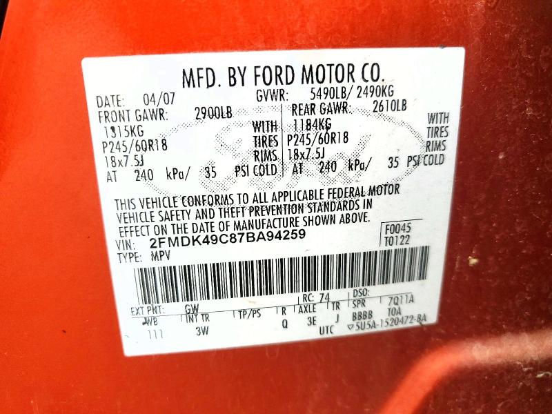 Продаж на аукціоні авто 2007 Ford Edge, vin: 2FMDK49C87BA94259, номер лоту: 62280556
