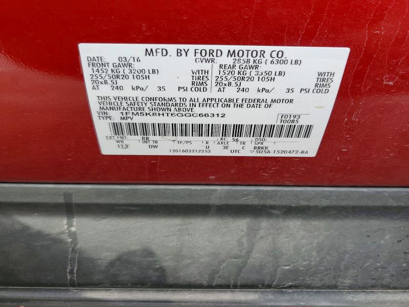 60085956 :رقم المزاد ، 1FM5K8HT6GGC66312 vin ، 2016 Ford Explorer مزاد بيع
