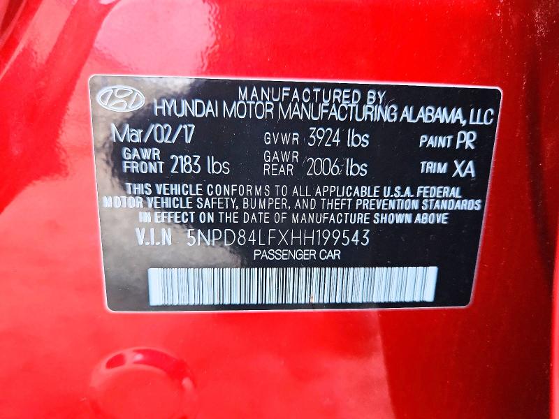 61015906 :رقم المزاد ، 5NPD84LFXHH199543 vin ، 2017 Hyundai Elantra مزاد بيع