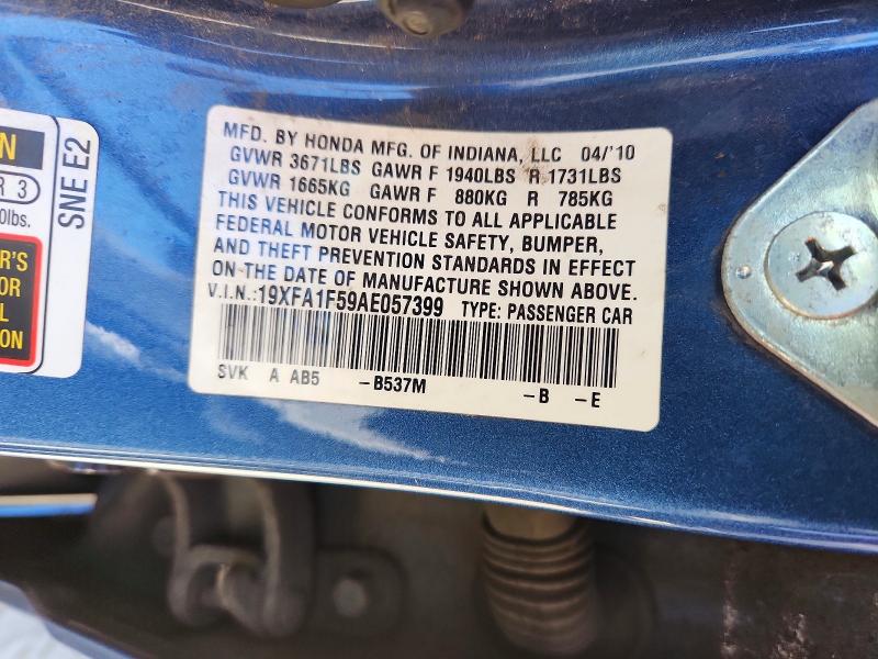 2010 Honda Civic მანქანა იყიდება აუქციონზე, vin: 19XFA1F59AE057399, აუქციონის ნომერი: 60408226
