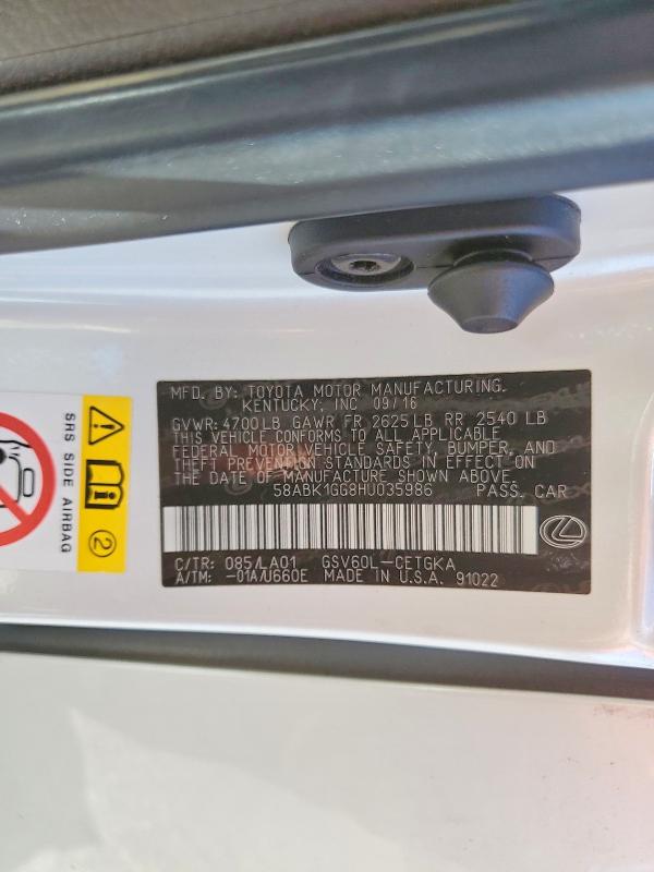 Продажа на аукционе авто 2017 Lexus Es, vin: 58ABK1GG8HU035986, номер лота: 59908536