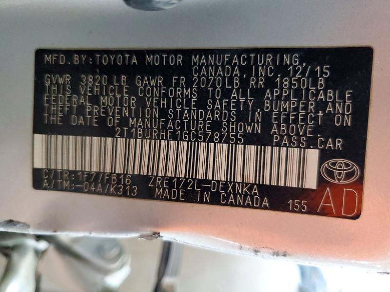 Продажа на аукционе авто 2016 Toyota Corolla, vin: 2T1BURHE1GC578755, номер лота: 62126096