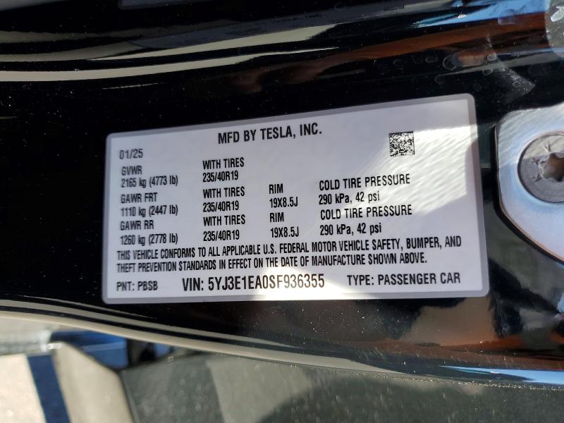 Aukcja sprzedaży 2025 Tesla Model 3, vin: 5YJ3E1EA0SF936355, numer aukcji: 59995356