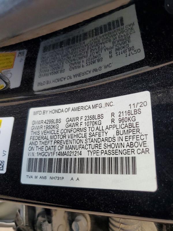 Aukcja sprzedaży 2021 Honda Accord, vin: 1HGCV1F14MA021214, numer aukcji: 61930126