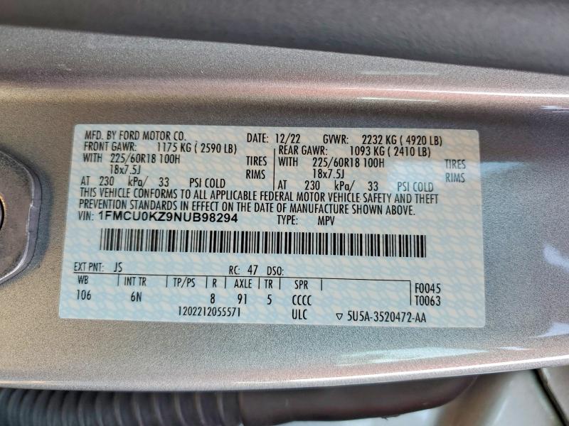 Aukcja sprzedaży 2022 Ford Escape, vin: 1FMCU0KZ9NUB98294, numer aukcji: 61167836