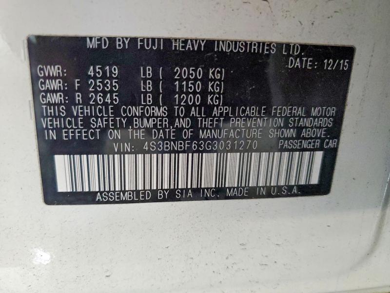 60767406 :رقم المزاد ، 4S3BNBF63G3031270 vin ، 2016 Subaru Legacy مزاد بيع