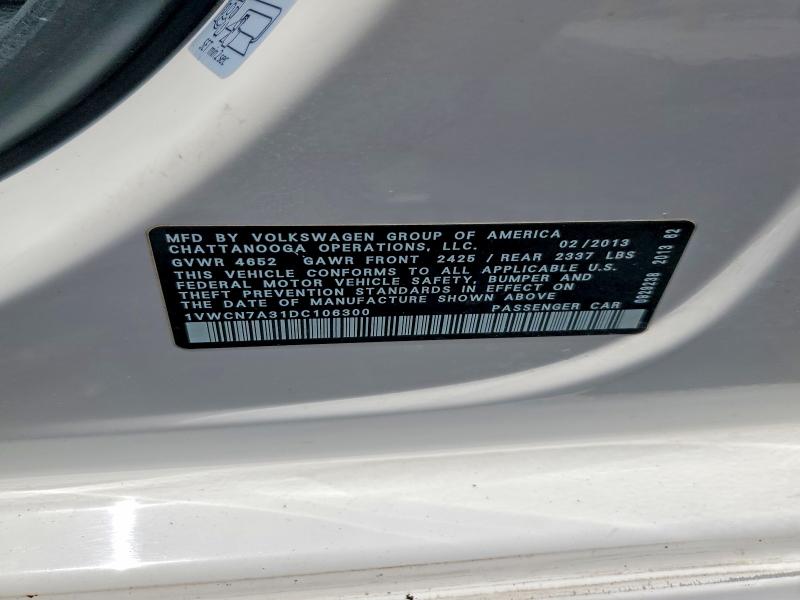 62301316 :رقم المزاد ، 1VWCN7A31DC106300 vin ، 2013 Volkswagen Passat مزاد بيع