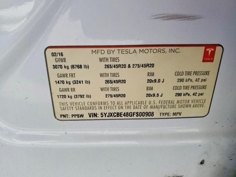 2016 Tesla Model X მანქანა იყიდება აუქციონზე, vin: 5YJXCBE48GFS00908, აუქციონის ნომერი: 59694216