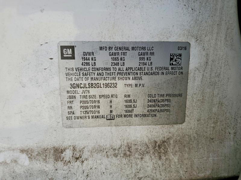 Aukcja sprzedaży 2016 Chevrolet Trax, vin: 3GNCJLSB2GL196232, numer aukcji: 61793416
