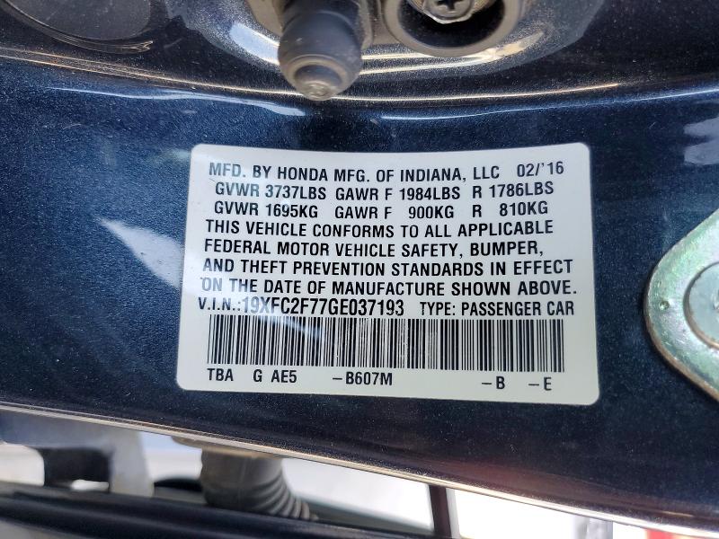 Aukcja sprzedaży 2016 Honda Civic, vin: 19XFC2F77GE037193, numer aukcji: 62267636
