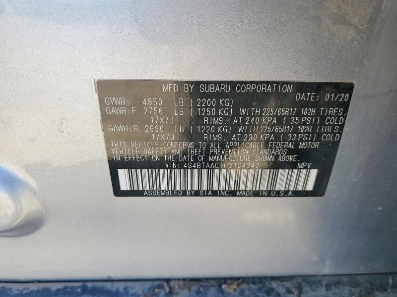 63569036 :رقم المزاد ، 4S4BTAAC1L3164340 vin ، 2020 Subaru Outback مزاد بيع