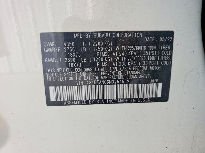 Aukcja sprzedaży 2022 Subaru Outback, vin: 4S4BTANC6N3251552, numer aukcji: 59375576
