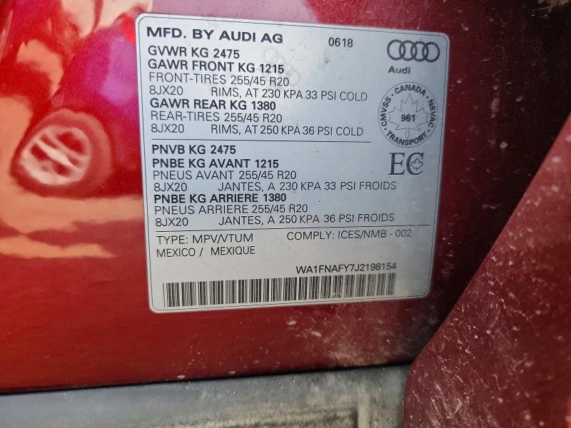 Aukcja sprzedaży 2018 Audi Q5, vin: WA1FNAFY7J2198154, numer aukcji: 62140626