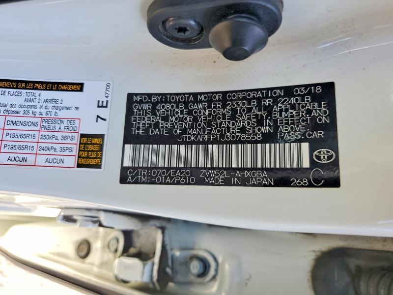 60247886 :رقم المزاد ، JTDKARFP1J3078558 vin ، 2018 Toyota Prius Prime مزاد بيع