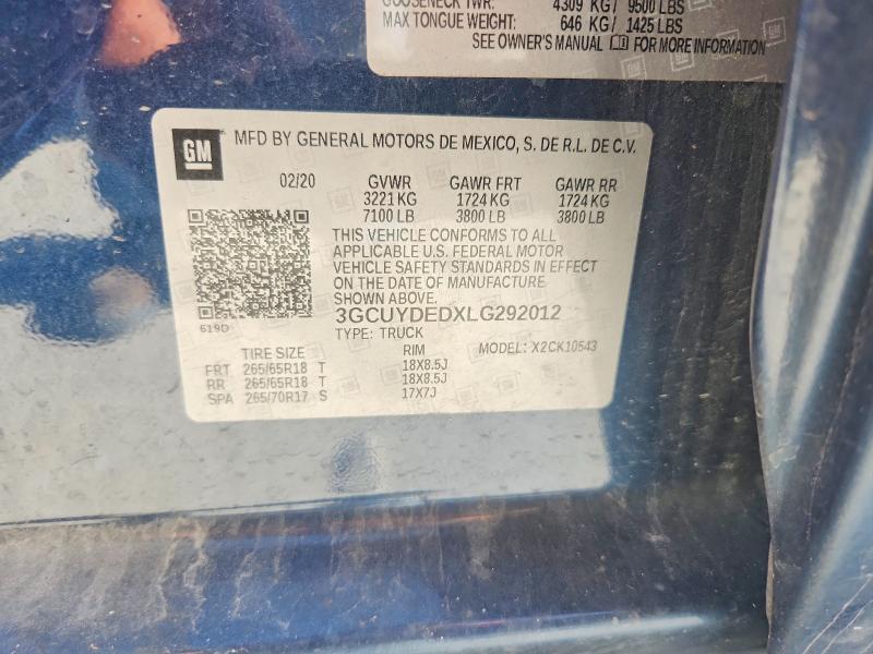 Продаж на аукціоні авто 2020 Chevrolet Silverado, vin: 3GCUYDEDXLG292012, номер лоту: 60218276