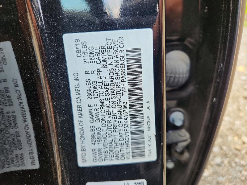 62099656 :رقم المزاد ، 1HGCV1F53KA167863 vin ، 2019 Honda Accord مزاد بيع