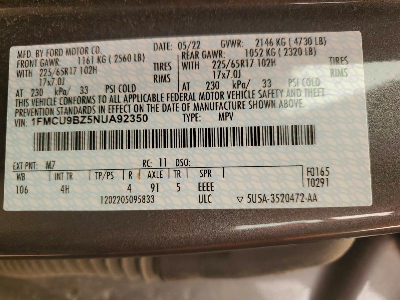 Продаж на аукціоні авто 2022 Ford Escape, vin: 1FMCU9BZ5NUA92350, номер лоту: 59858886