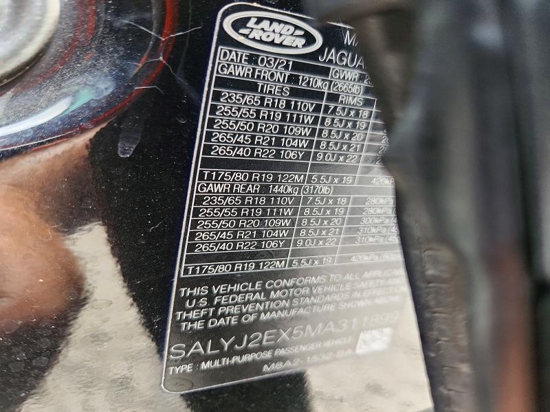 59262396 :رقم المزاد ، SALYJ2EX5MA311899 vin ، 2021 Land Rover Range Rover Velar مزاد بيع