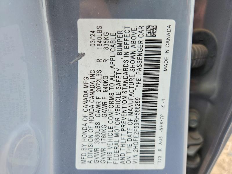 2024 Honda Civic მანქანა იყიდება აუქციონზე, vin: 2HGFE2F53RH566299, აუქციონის ნომერი: 61504056