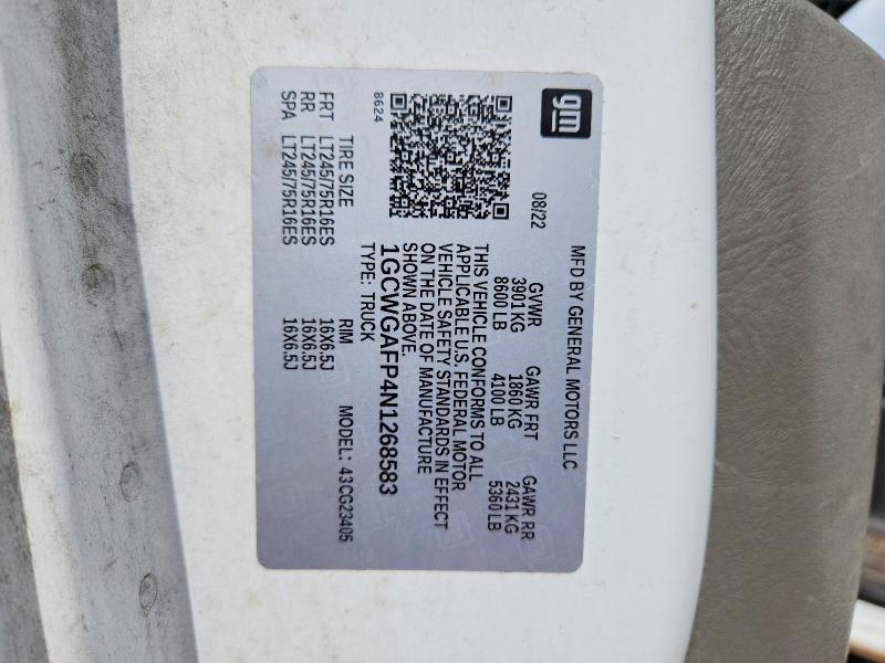 Aukcja sprzedaży 2022 Chevrolet Express G2500, vin: 1GCWGAFP4N1268583, numer aukcji: 61344356