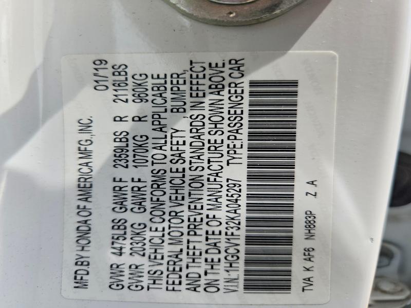 Продаж на аукціоні авто 2019 Honda Accord, vin: 1HGCV1F32KA045297, номер лоту: 60413156