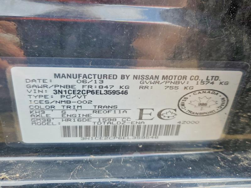 2014 Nissan Versa Note მანქანა იყიდება აუქციონზე, vin: 3N1CE2CP6EL359546, აუქციონის ნომერი: 59296456