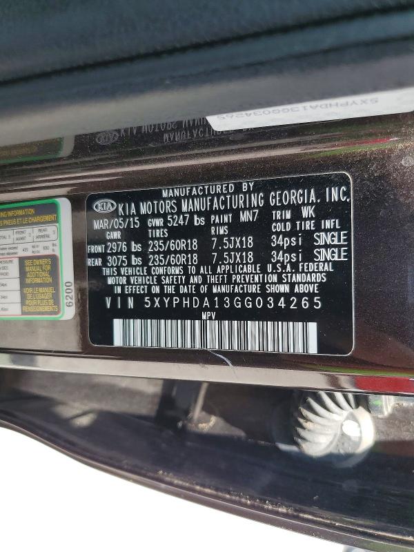 Продаж на аукціоні авто 2016 Kia Sorento, vin: 5XYPHDA13GG034265, номер лоту: 60774076