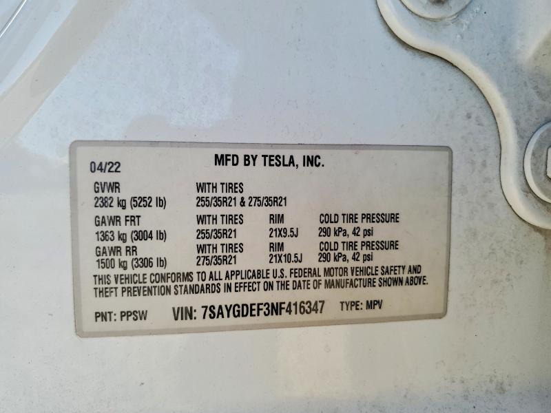 63513556 :رقم المزاد ، 7SAYGDEF3NF416347 vin ، 2022 Tesla Model Y مزاد بيع