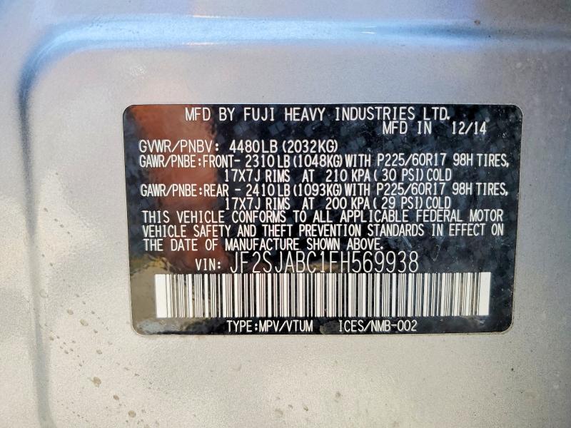 2015 Subaru Forester მანქანა იყიდება აუქციონზე, vin: JF2SJABC1FH569938, აუქციონის ნომერი: 62226476