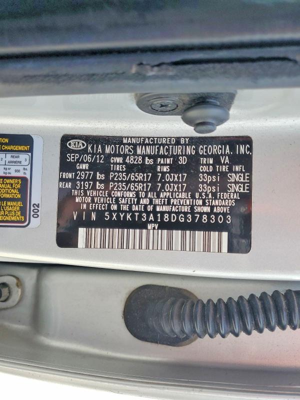 61753826 :رقم المزاد ، 5XYKT3A18DG378303 vin ، 2013 Kia Sorento مزاد بيع