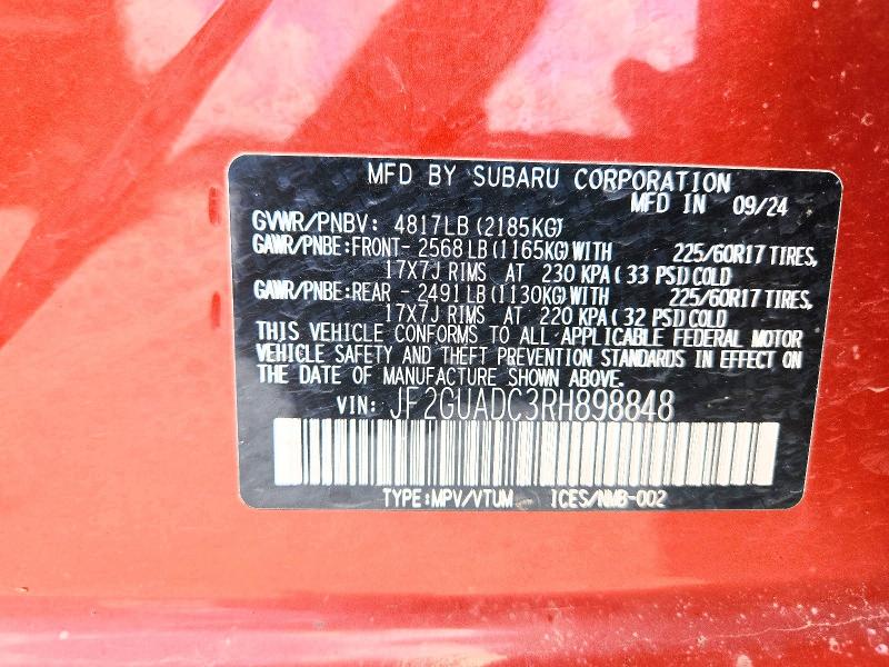 Aukcja sprzedaży 2024 Subaru Crosstrek, vin: JF2GUADC3RH898848, numer aukcji: 60455506