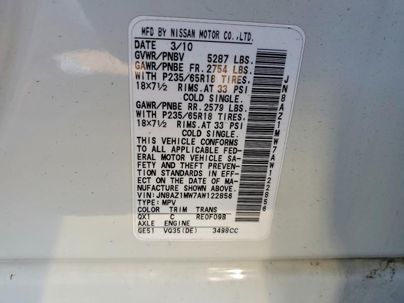 Aukcja sprzedaży 2010 Nissan Murano, vin: JN8AZ1MW7AW122856, numer aukcji: 61412216