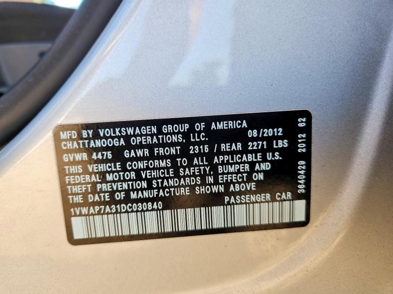 2013 Volkswagen Passat მანქანა იყიდება აუქციონზე, vin: 1VWAP7A31DC030840, აუქციონის ნომერი: 62595716