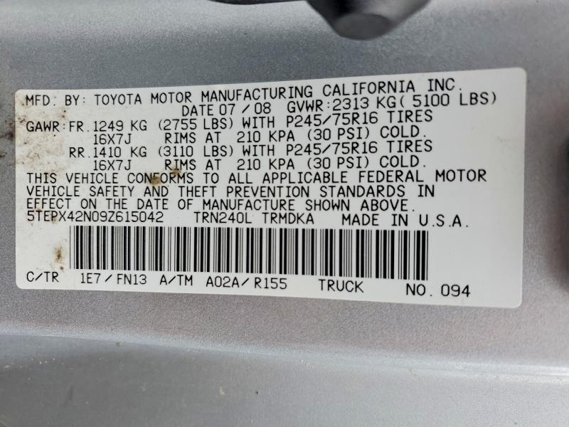 Aukcja sprzedaży 2009 Toyota Tacoma, vin: 5TEPX42N09Z615042, numer aukcji: 59255996