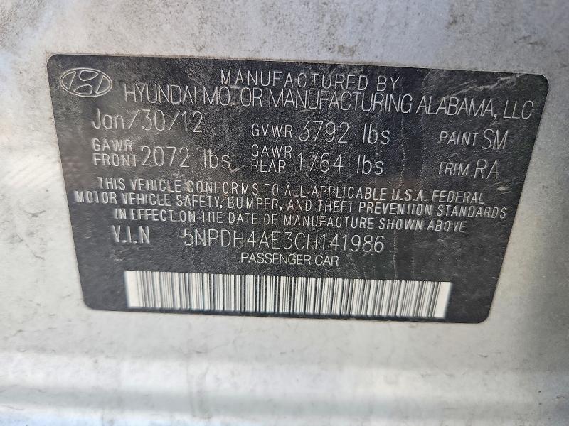 62532146 :رقم المزاد ، 5NPDH4AE3CH141986 vin ، 2012 Hyundai Elantra مزاد بيع