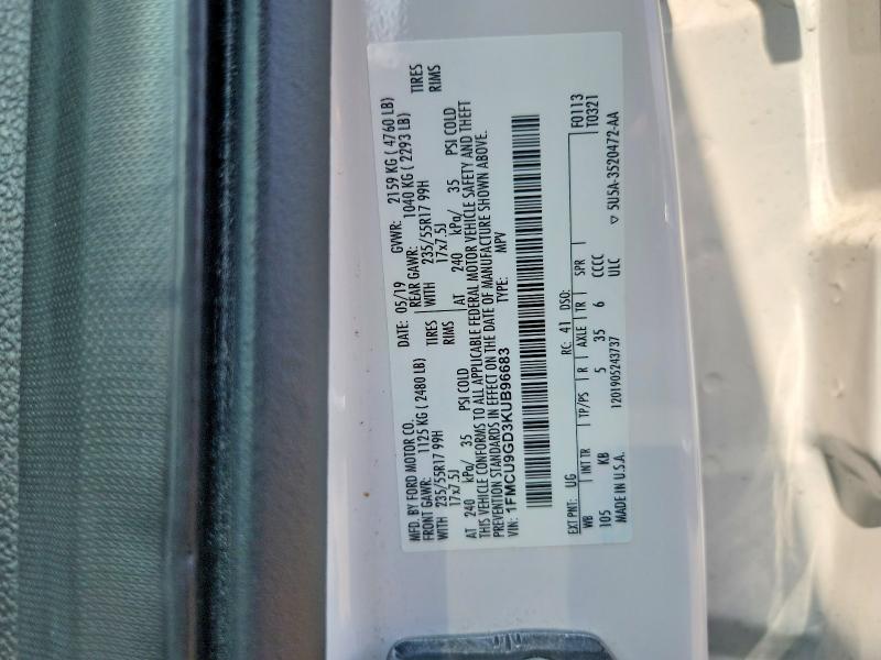 62404336 :رقم المزاد ، 1FMCU9GD3KUB96683 vin ، 2019 Ford Escape مزاد بيع