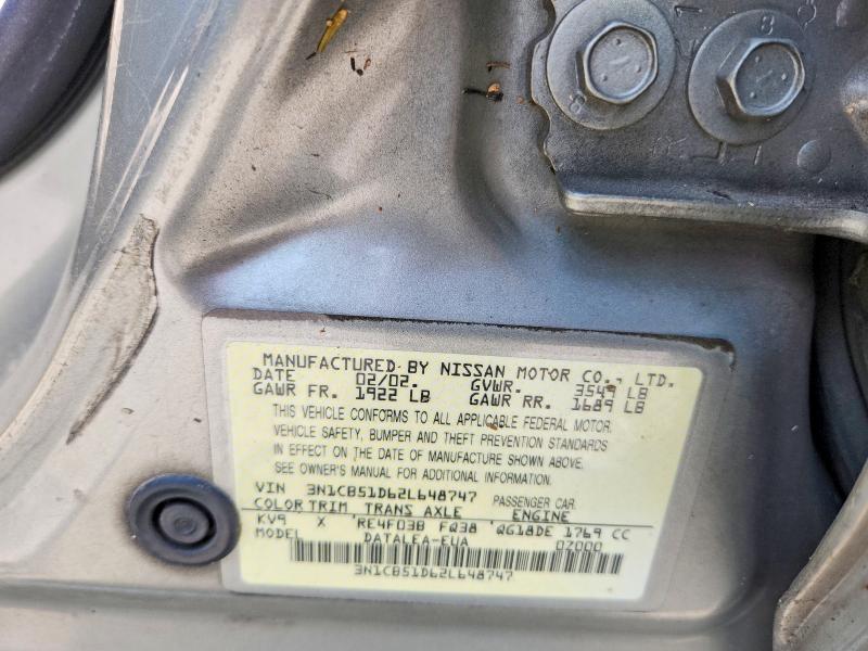 Продаж на аукціоні авто 2002 Nissan Sentra, vin: 3N1CB51D62L648747, номер лоту: 60996456