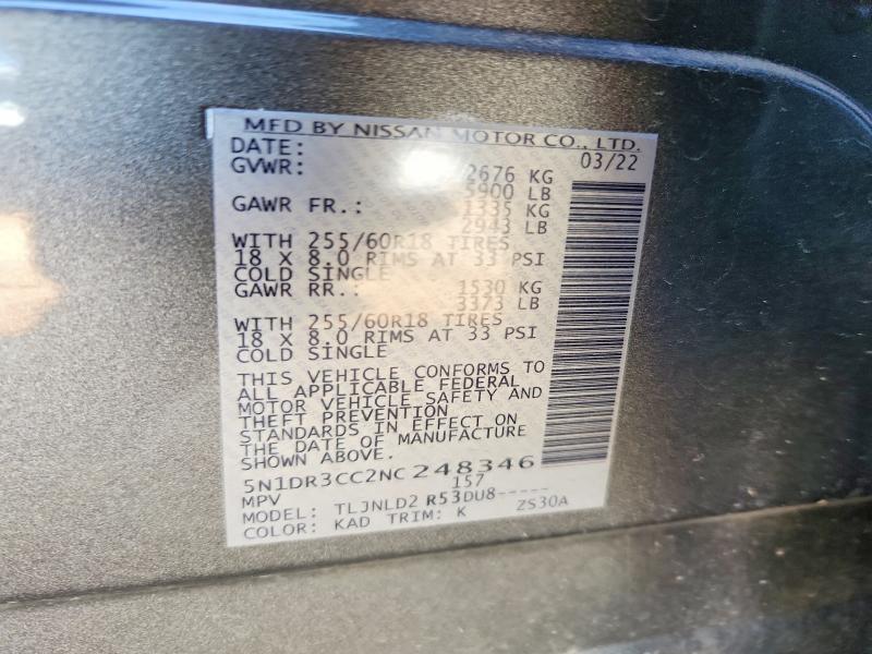 60401246 :رقم المزاد ، 5N1DR3CC2NC248346 vin ، 2022 Nissan Pathfinder مزاد بيع