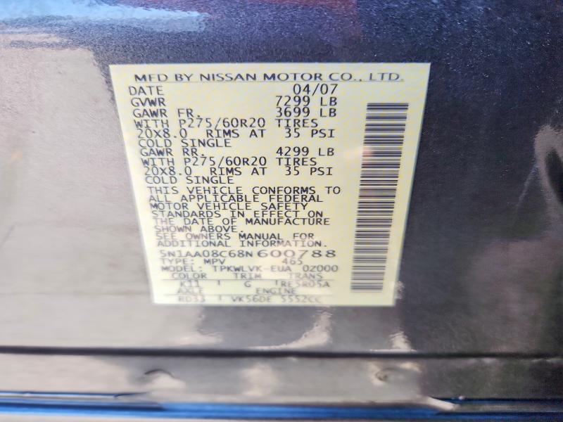 61764476 :رقم المزاد ، 5N1AA08C68N600788 vin ، 2008 Nissan Armada مزاد بيع