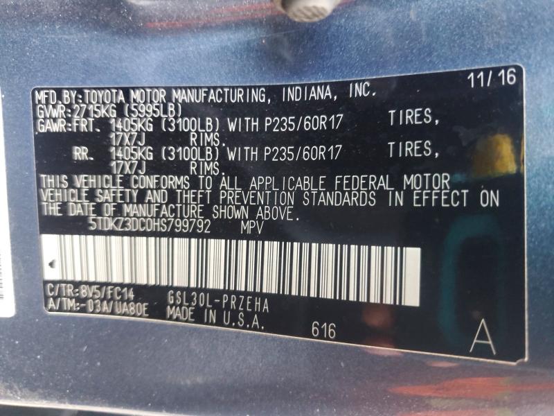 2017 Toyota Sienna მანქანა იყიდება აუქციონზე, vin: 5TDKZ3DC0HS799792, აუქციონის ნომერი: 59320346