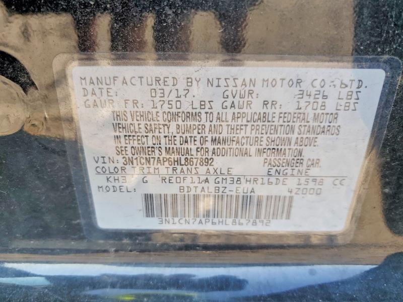 Продажа на аукционе авто 2017 Nissan Versa, vin: 3N1CN7AP6HL867892, номер лота: 62268166