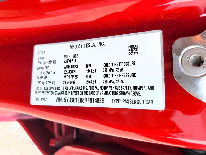 61850156 :رقم المزاد ، 5YJ3E1EB8RF814829 vin ، 2024 Tesla Model 3 مزاد بيع