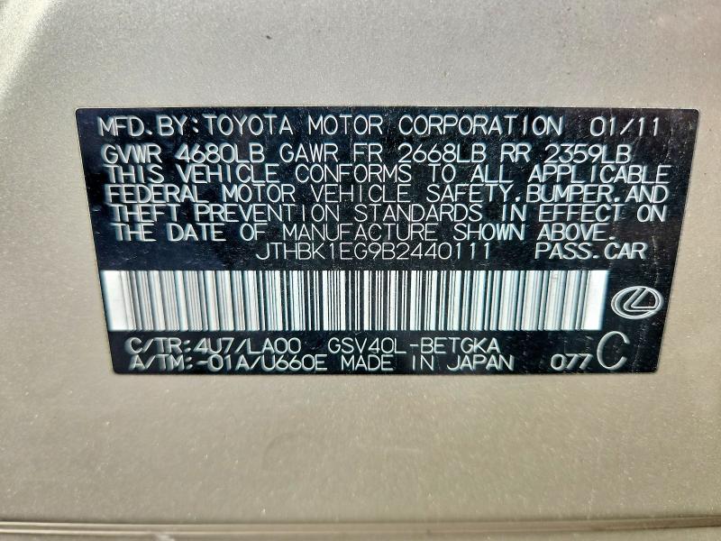 Продаж на аукціоні авто 2011 Lexus Es, vin: JTHBK1EG9B2440111, номер лоту: 59143346
