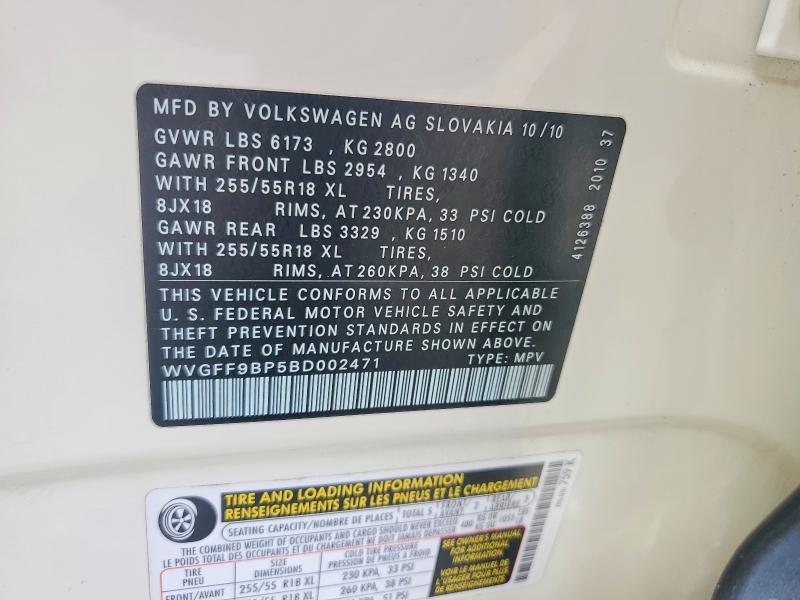 61584576 :رقم المزاد ، WVGFF9BP5BD002471 vin ، 2011 Volkswagen Touareg مزاد بيع