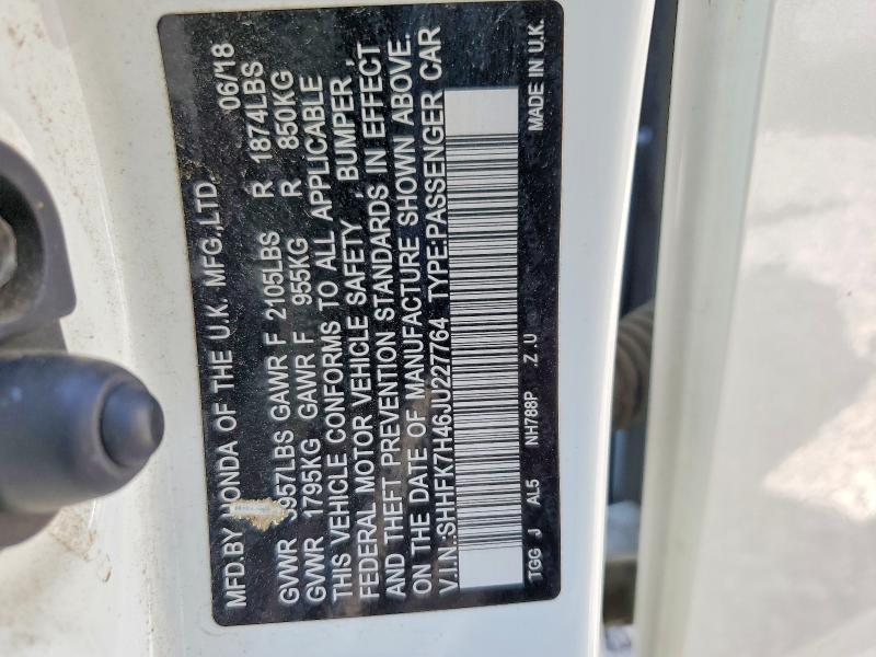 2018 Honda Civic მანქანა იყიდება აუქციონზე, vin: SHHFK7H46JU227764, აუქციონის ნომერი: 60771216