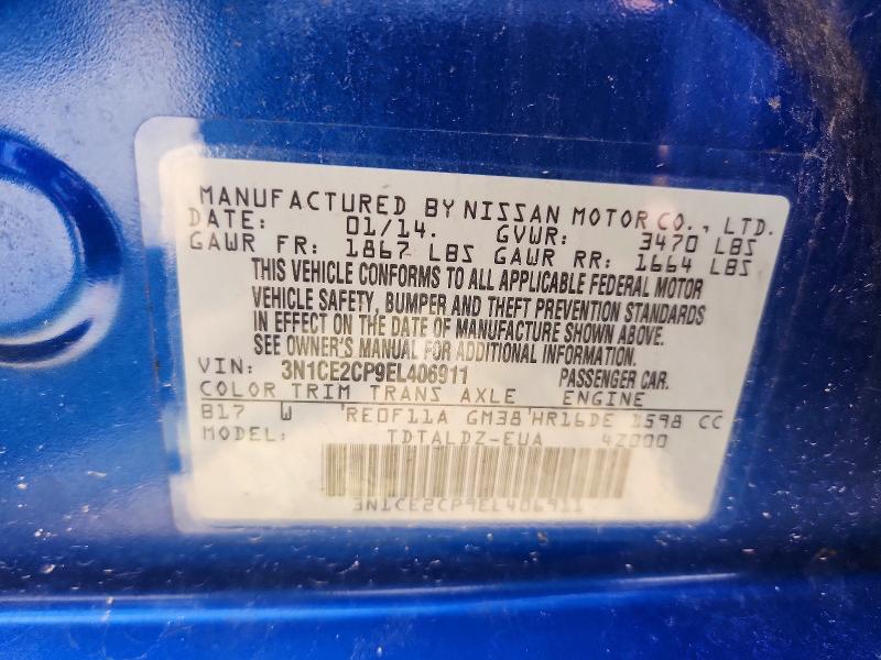 62439336 :رقم المزاد ، 3N1CE2CP9EL406911 vin ، 2014 Nissan Versa Note مزاد بيع