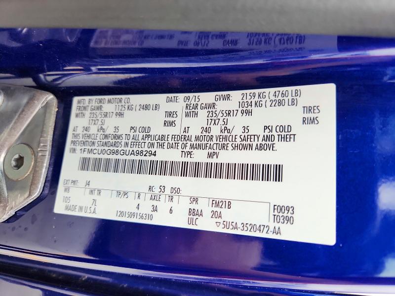 Продажа на аукционе авто 2016 Ford Escape, vin: 1FMCU0G98GUA98294, номер лота: 61395576