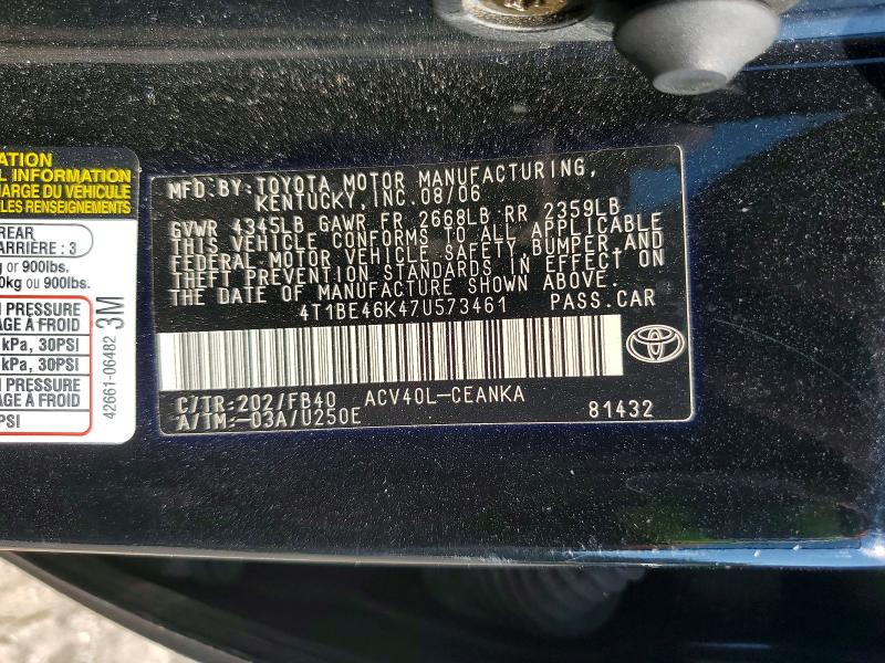 2007 Toyota Camry მანქანა იყიდება აუქციონზე, vin: 4T1BE46K47U573461, აუქციონის ნომერი: 77250035
